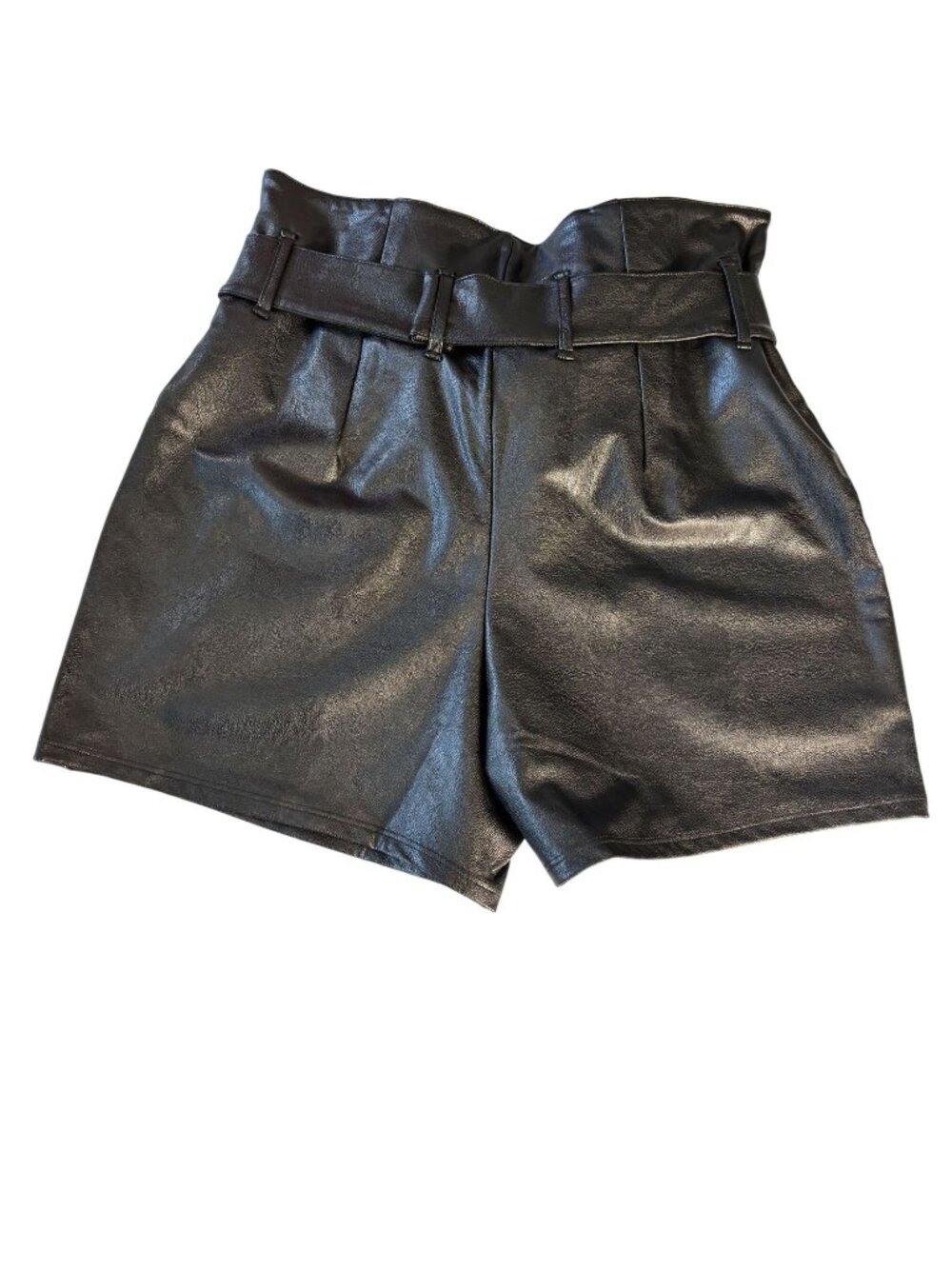 High-Waisted Faux Leather Shorts With Tie Belt & Paperbag Waist Size M - Picture 4 of 11
